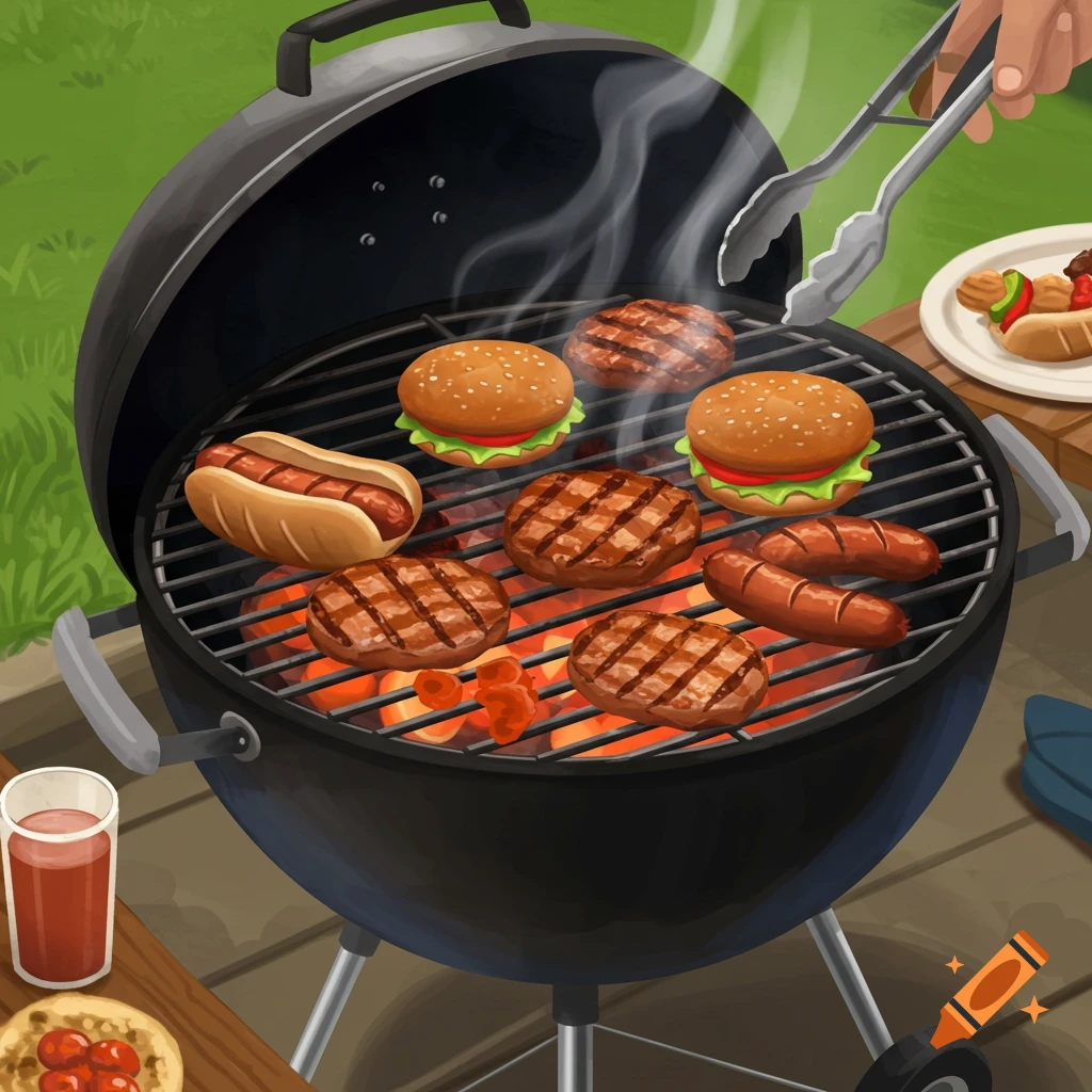Burgers and hot dogs are cooking on a barbecue grill.