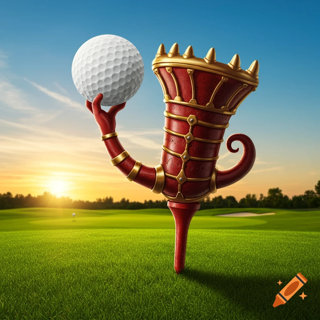 A red cornicello golf tee holding a golf ball on a golf course at sunset.