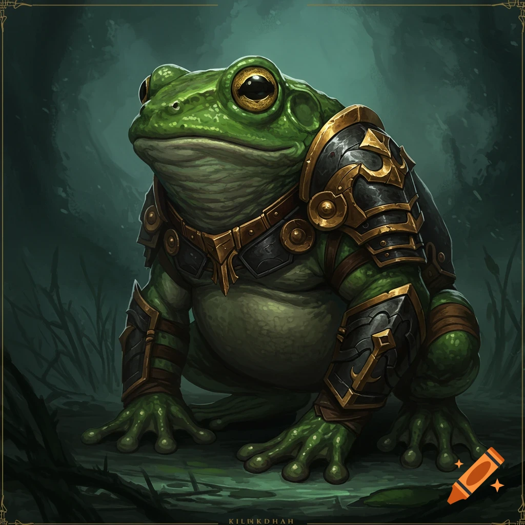 A frog wearing fantasy armor.