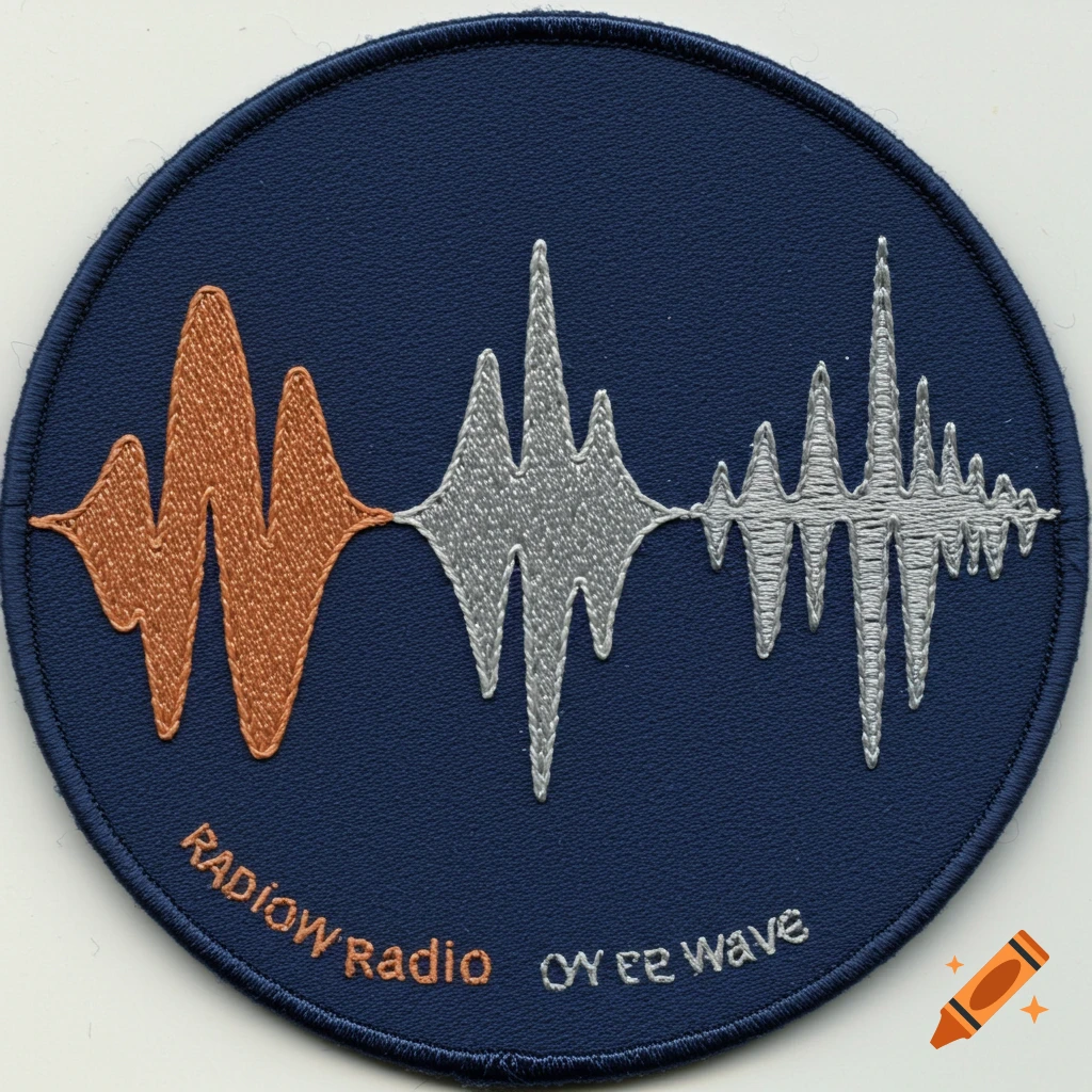 Circular embroidered patch with orange and silver waves on a dark blue background and nonsensical text.