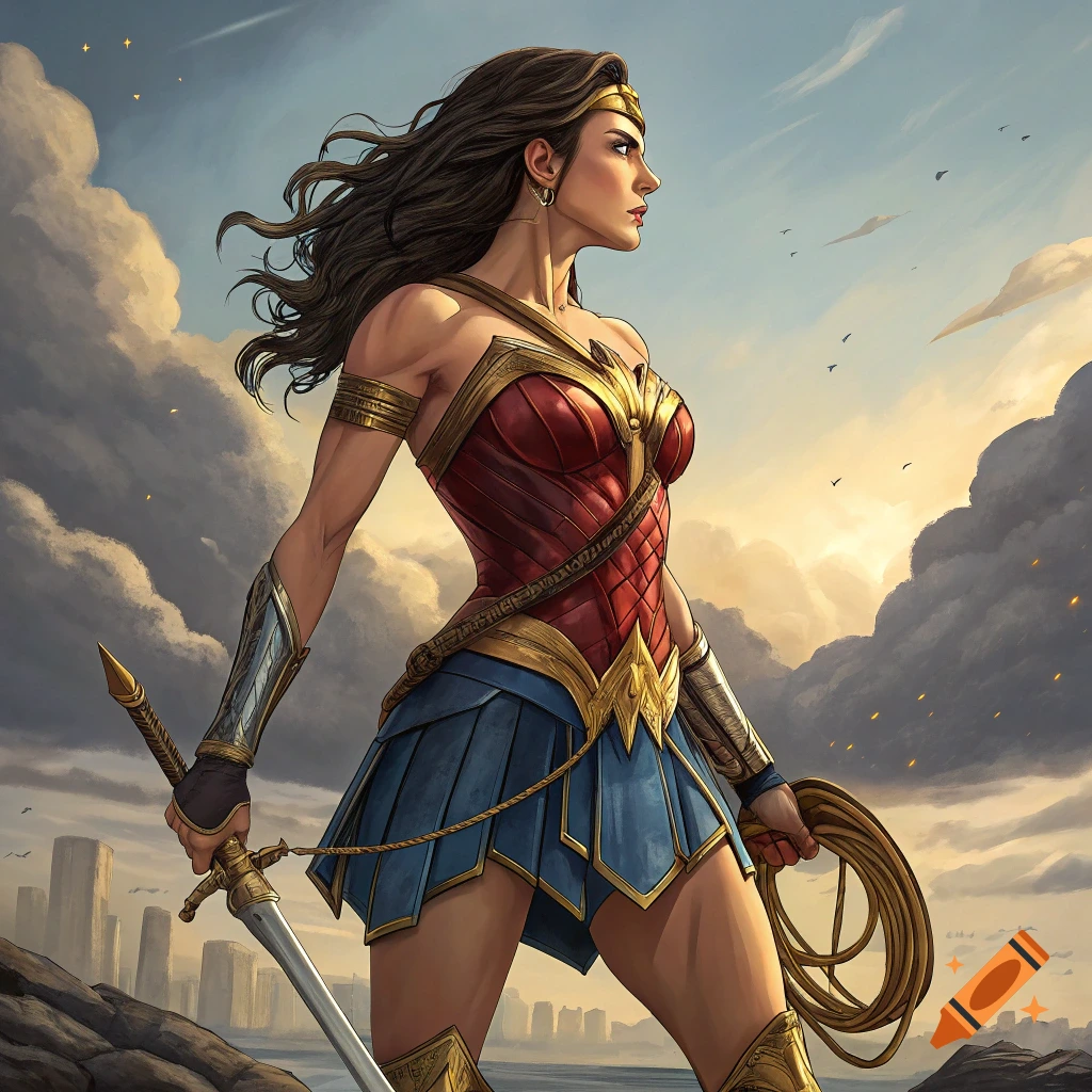 Wonder Woman stands on a rock holding a sword and lasso, looking at a city in the distance under a cloudy sky.
