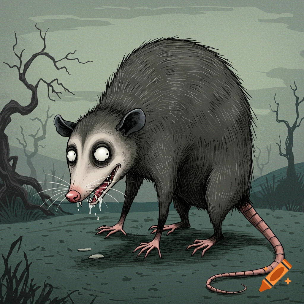 A cartoon illustration of an opossum with wide eyes and drool, standing in a dark forest with dead trees, in a Tim Burton style.