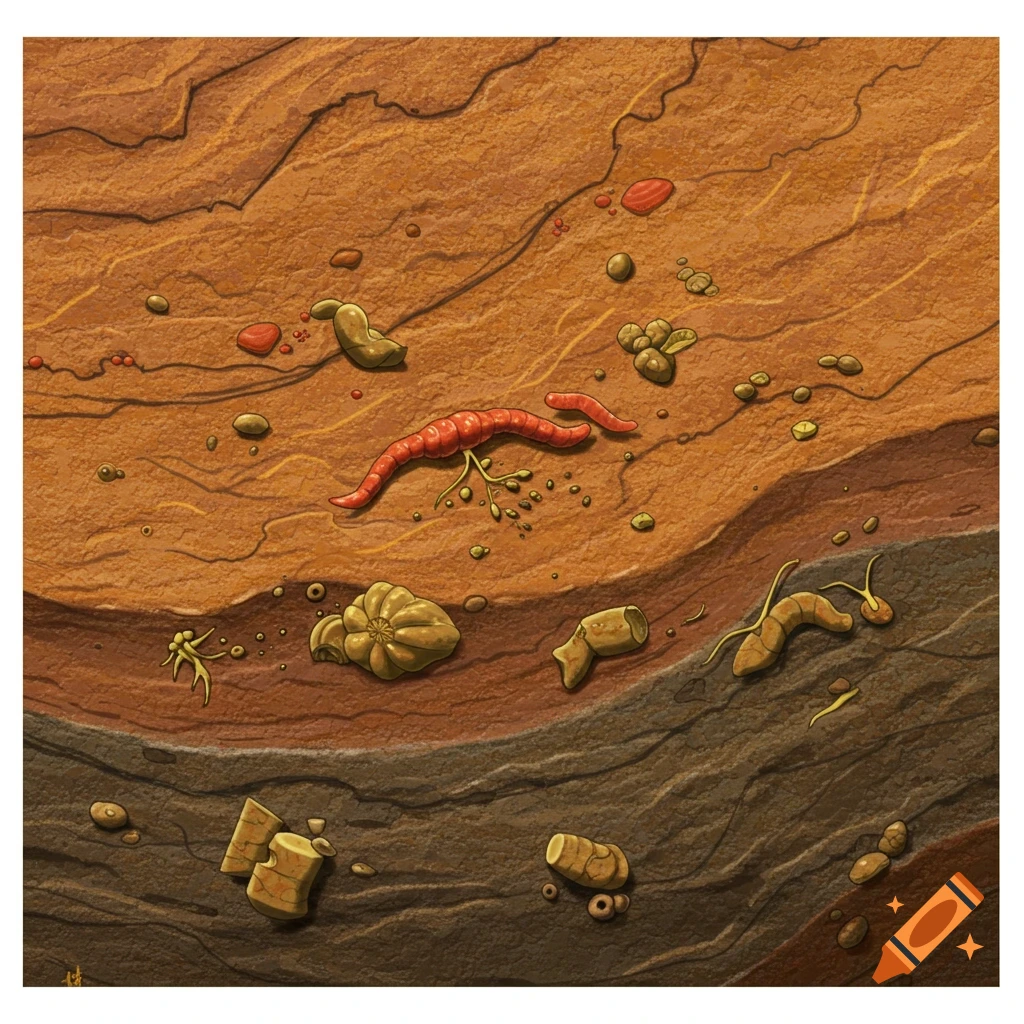 Illustration of soil layers showing ancient earthworms, fossils, and roots.