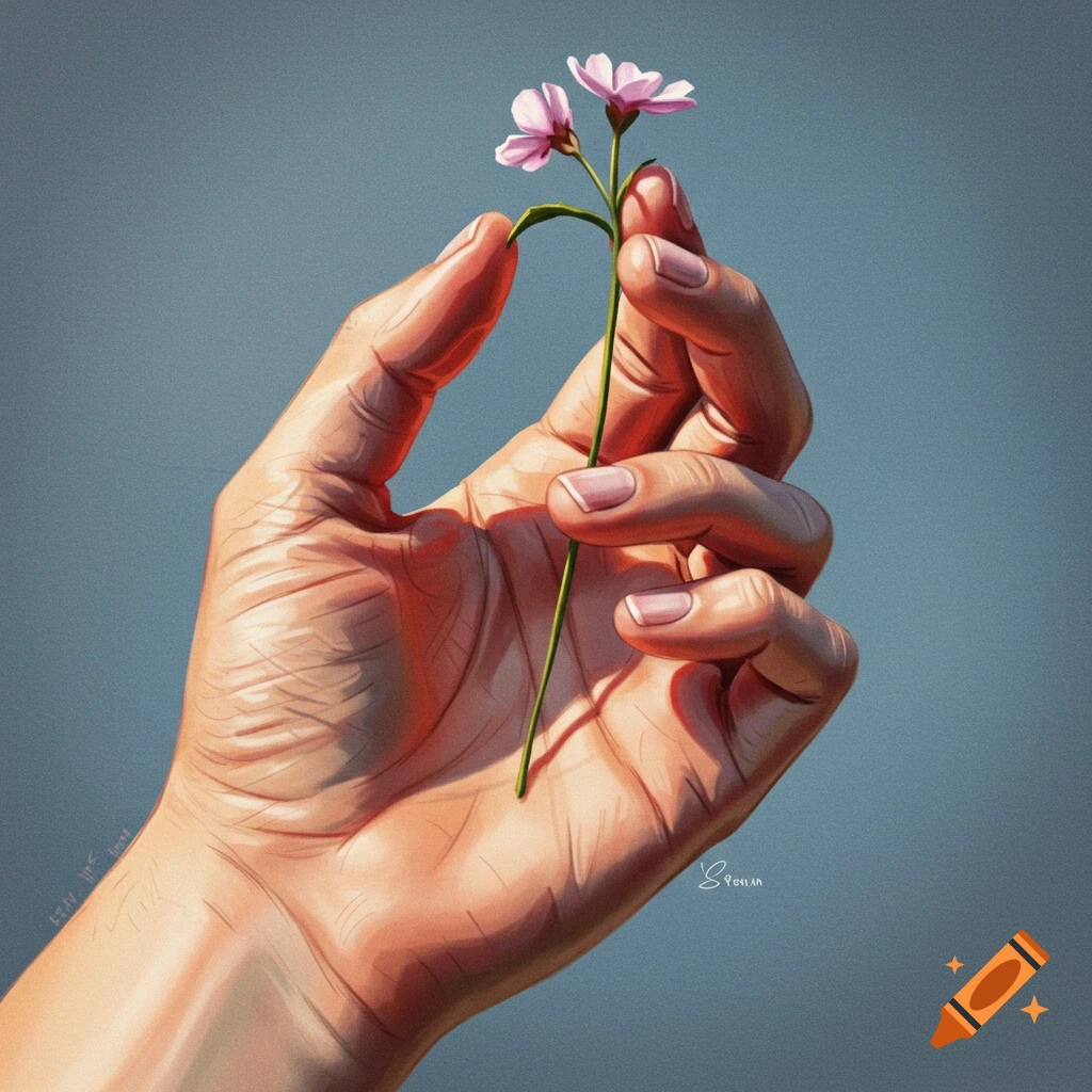 A hand holds a small pink flower against a blue background.
