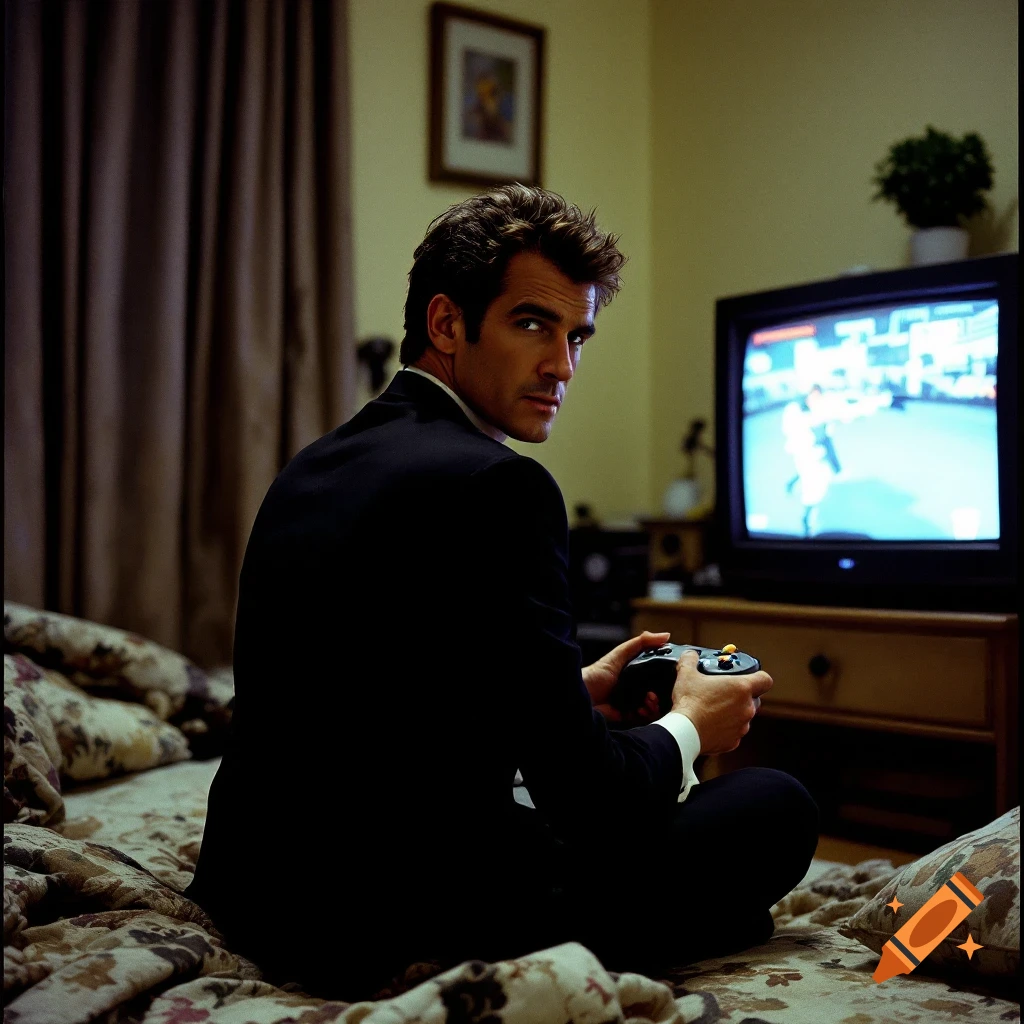 Man in tuxedo playing video game on a CRT TV in a bedroom.