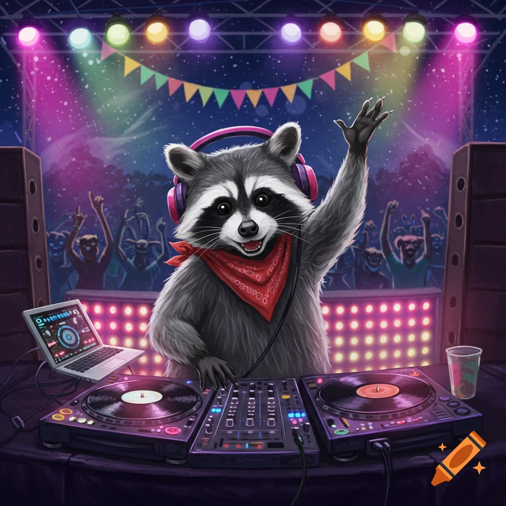 A raccoon wearing headphones and a bandana is DJing at an outdoor concert.