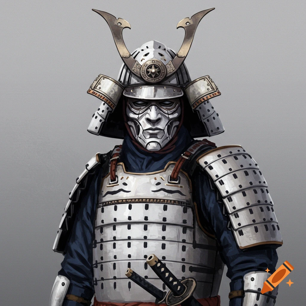 Close-up of a samurai warrior in elaborate white and silver armor.