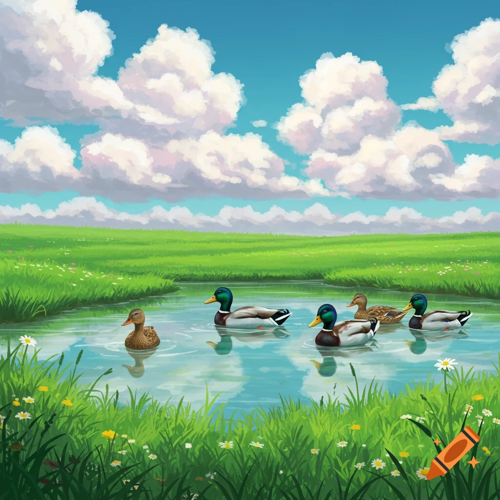Ducks in a pond in a grassy landscape with fluffy clouds.