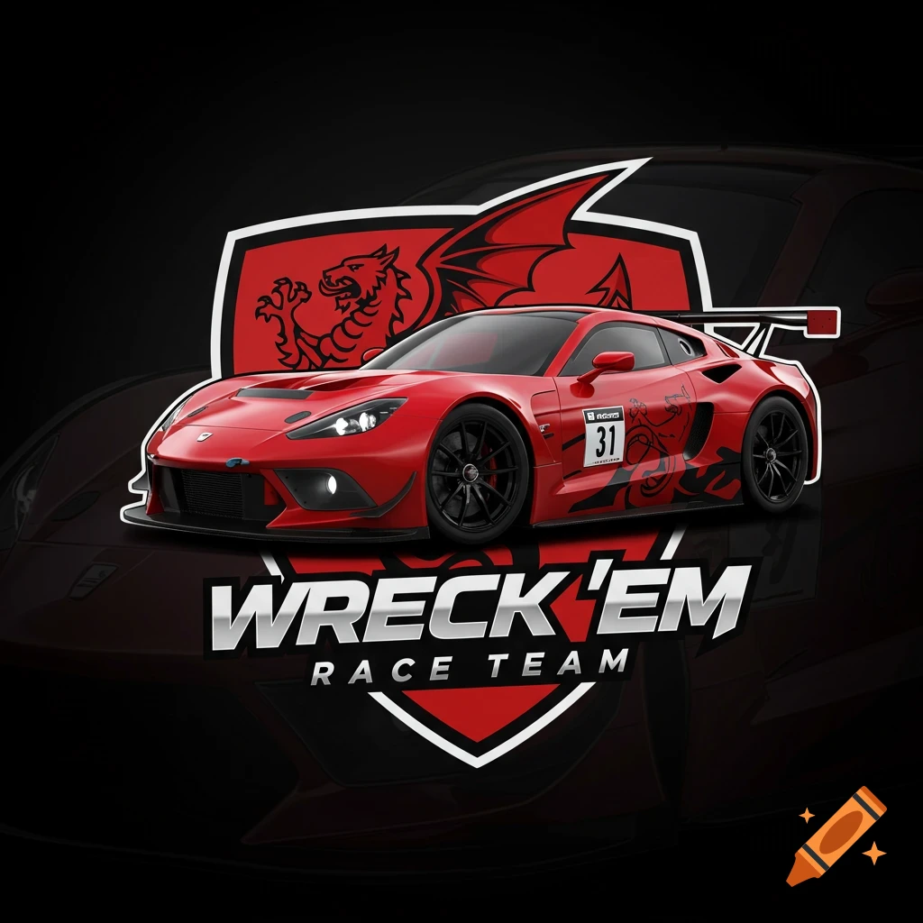 Esports racing team logo featuring a red race car and dragon emblem on a black background.