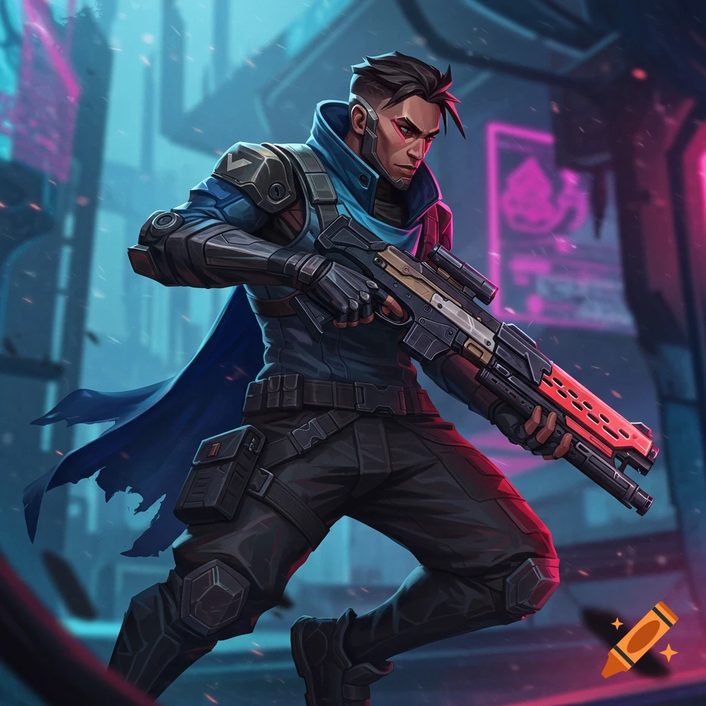 Stylized image of a person in cyberpunk gear holding a rifle in a neon-lit city.