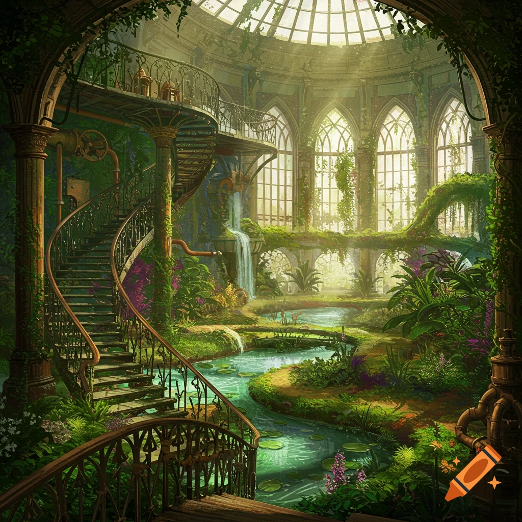 A gothic Victorian indoor garden with steampunk elements, spiral stairs, and a river.