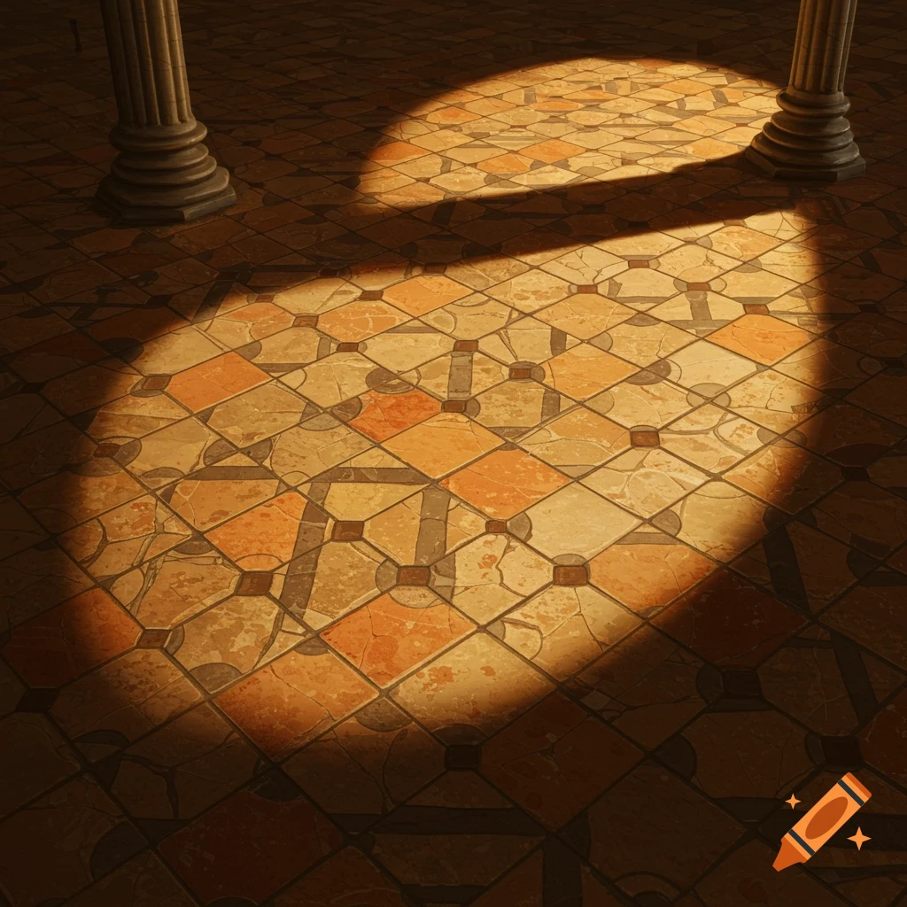 A tiled floor illuminated by sunlight with two column bases.