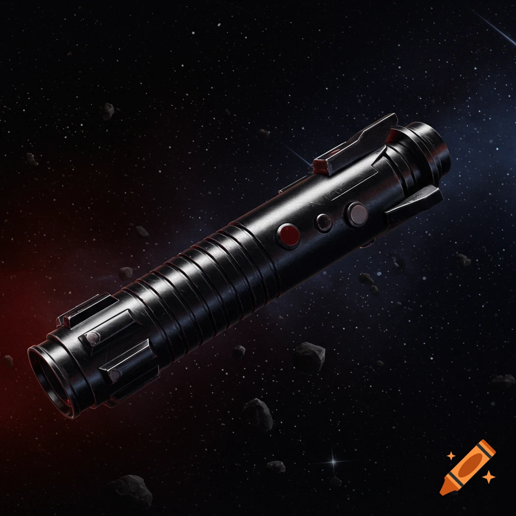 A black lightsaber hilt floating in space among asteroids