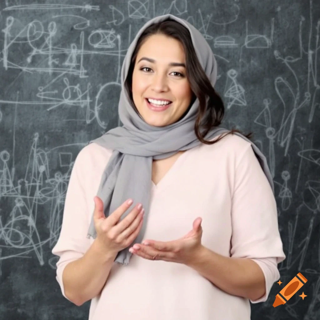Woman in a headscarf smiles in front of a chalkboard with scribbles.