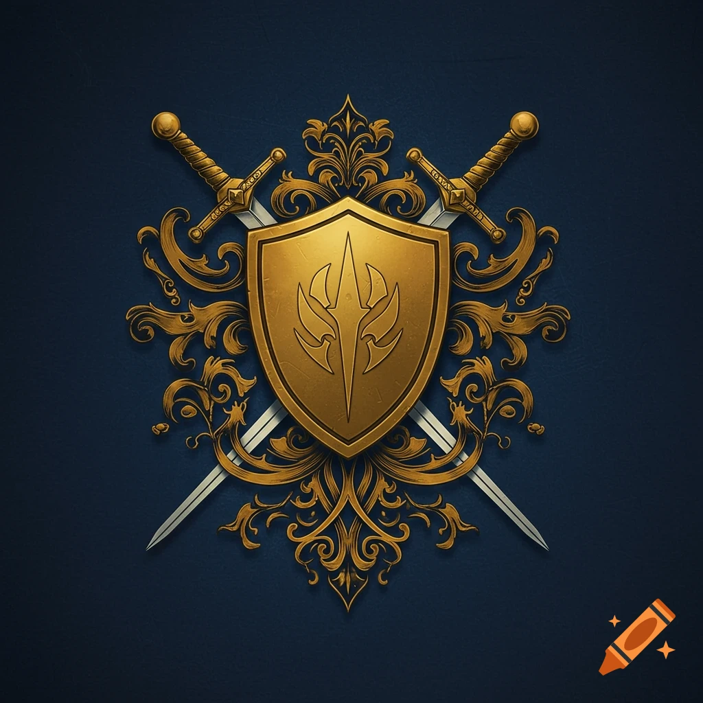 A gold shield with a symbol, crossed swords, and filigree on a blue background.