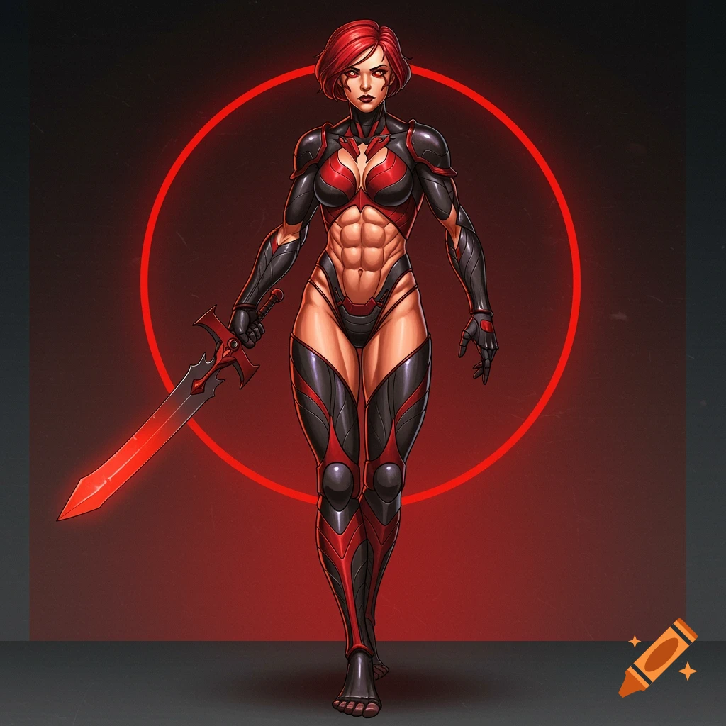 Stylized illustration of a muscular woman warrior with red hair, red and black armor, and a sword, standing against a red circle background.
