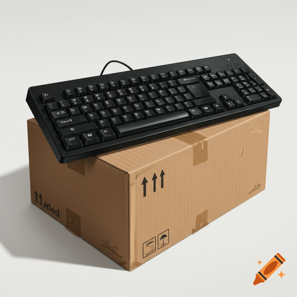 A black computer keyboard rests on a brown cardboard shipping box.