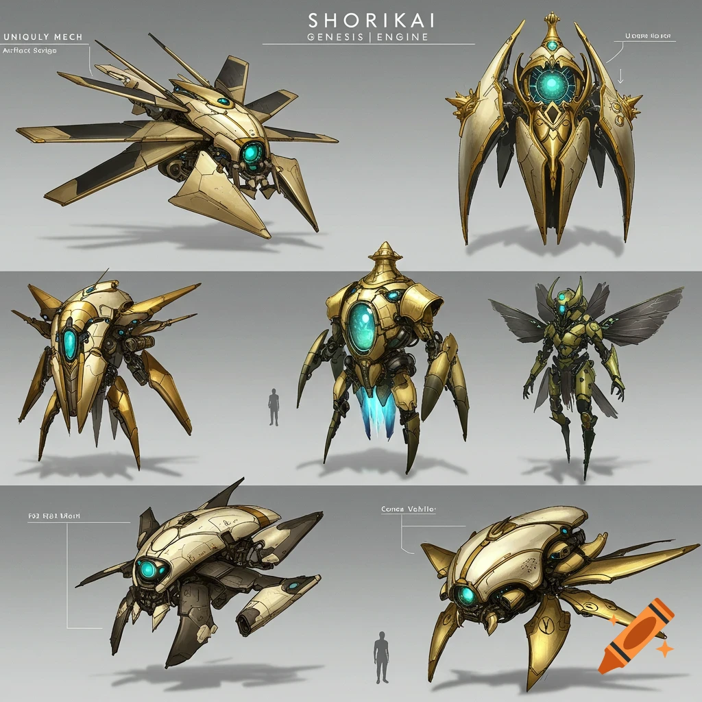 Multiple futuristic mech designs in gold and white, concept art style.