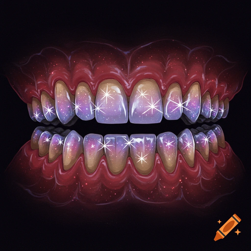 Stylized illustration of a mouth with teeth that look like star-filled galaxies.