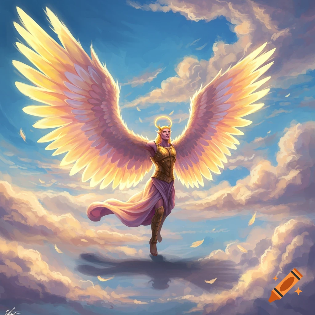 A fantasy figure with large golden wings flies among clouds.