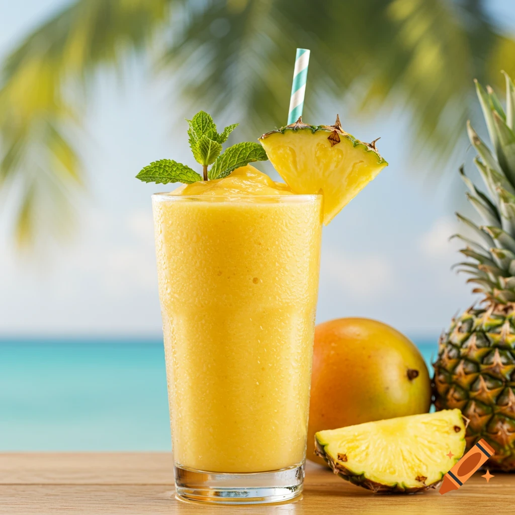 A glass of tropical smoothie garnished with pineapple and mint on a table with fruit and a beach background.