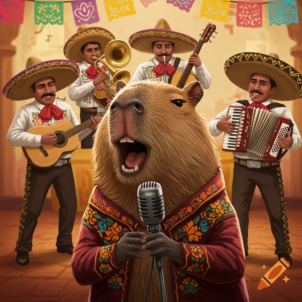 A capybara sings into a microphone, wearing a festive coat, backed by a mariachi band playing instruments under colorful banners.