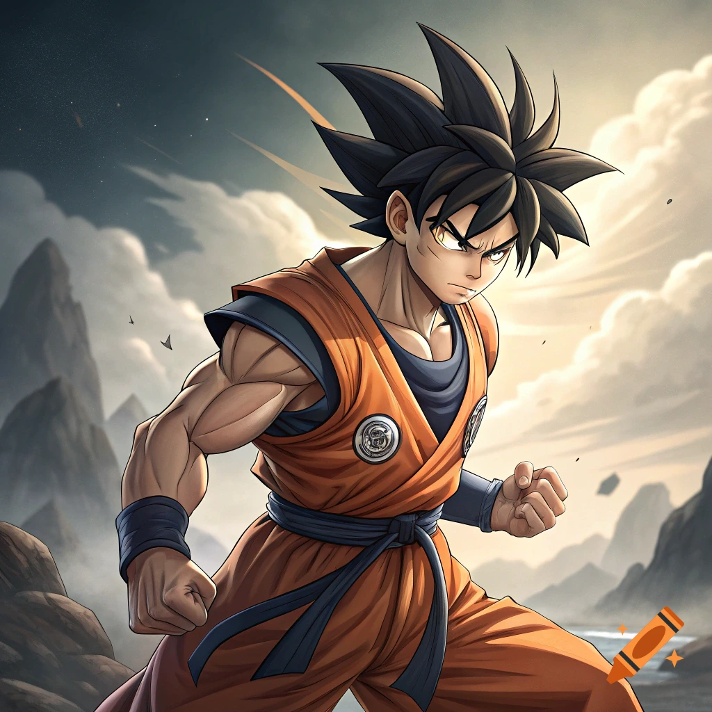 Anime style illustration of a male character in an orange gi, striking a pose against a rocky, cloudy landscape.