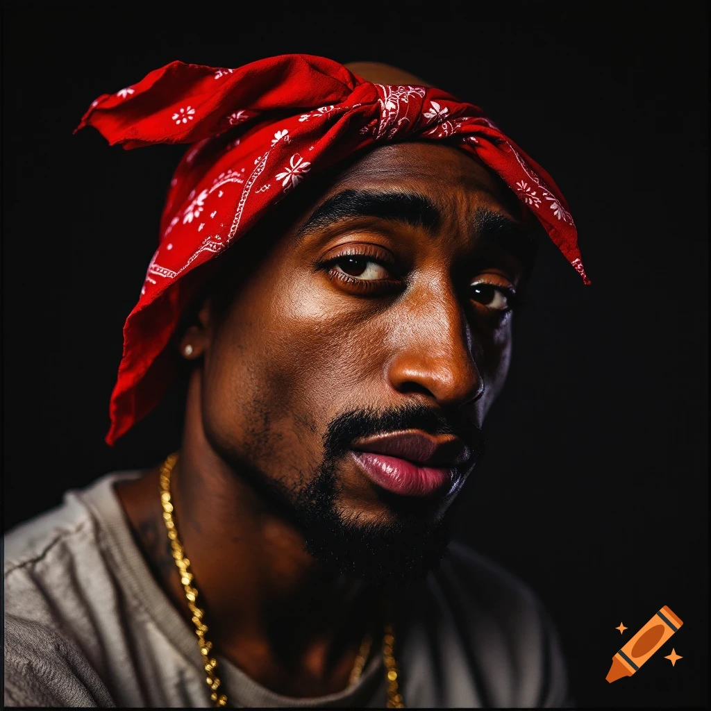 Close-up photorealistic portrait of a man resembling Tupac Shakur wearing a red bandana and gold chain