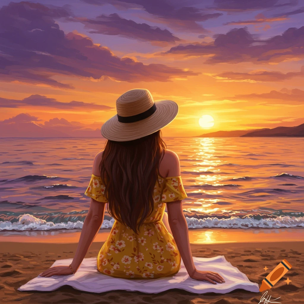 A woman in a sundress and straw hat sits on a beach blanket watching the sunset over the ocean.
