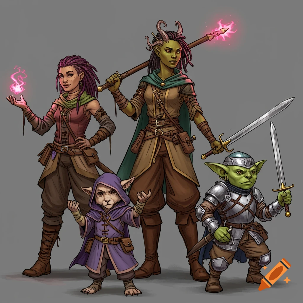 A fantasy adventuring party including a tiefling, human, cat-like creature, and goblin.