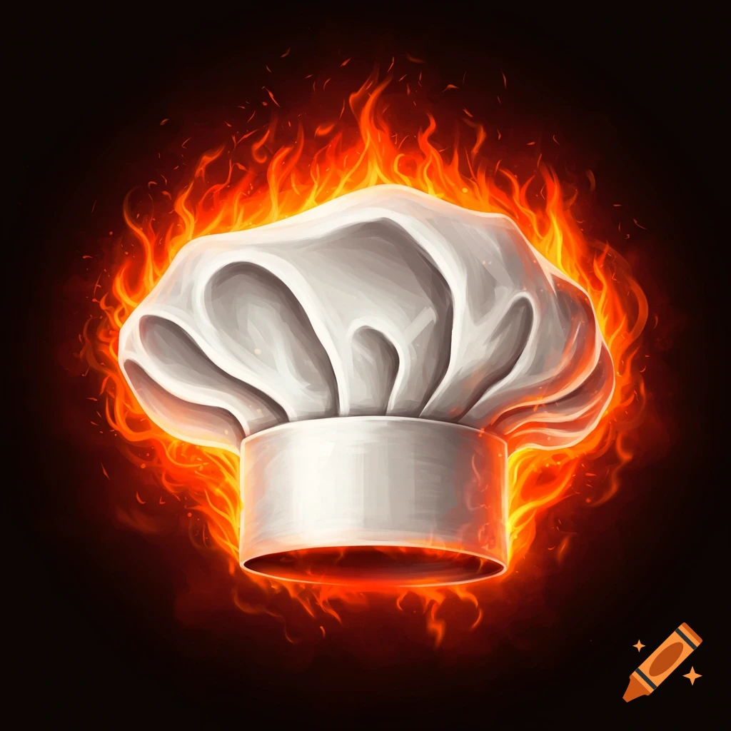 A white chef's hat surrounded by stylized flames.