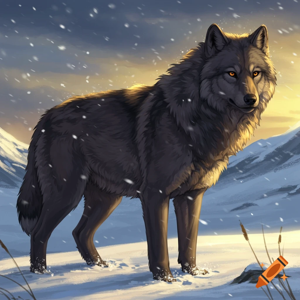 A gray wolf stands in snowy mountains at sunset.