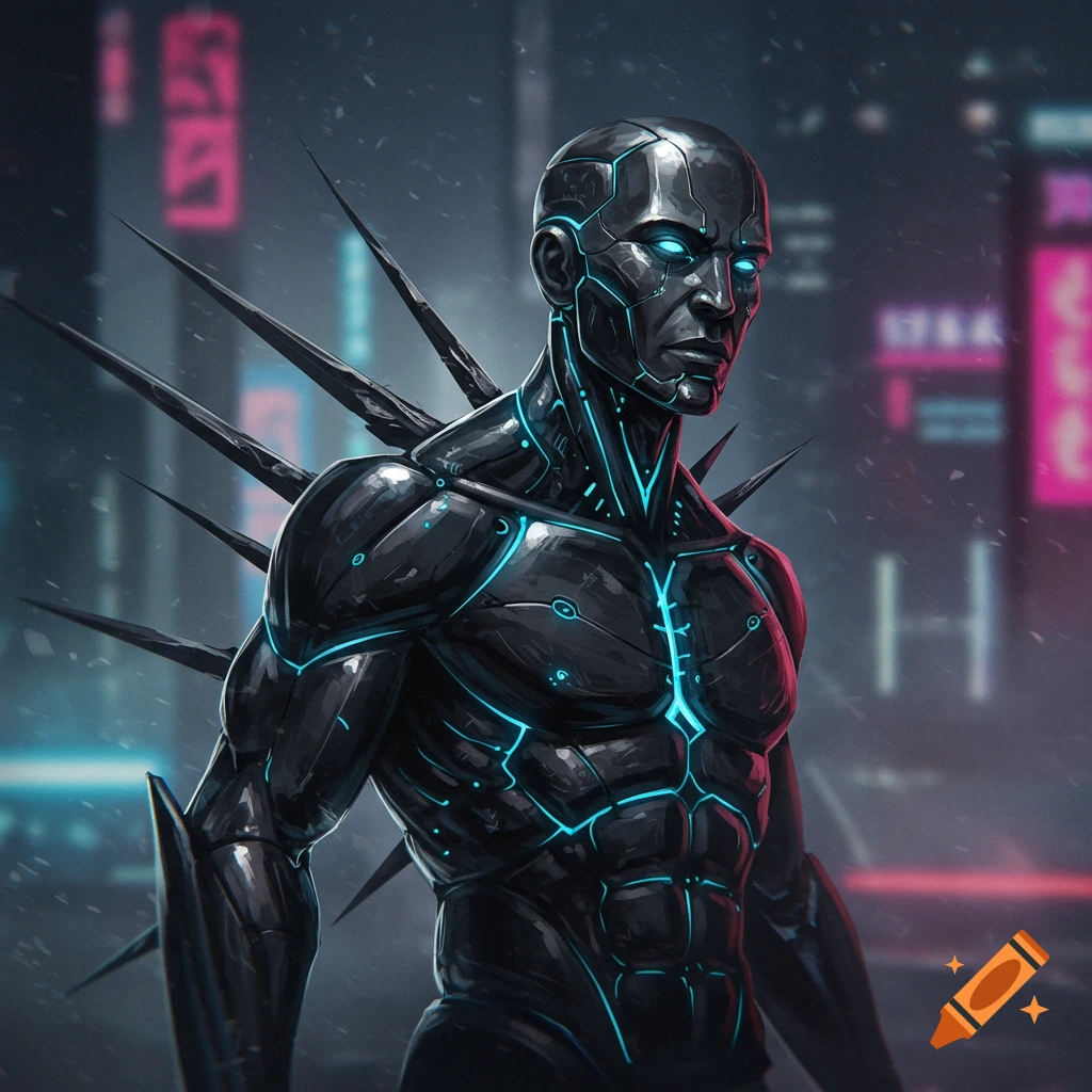 A muscular metallic cyborg with glowing blue lines and spikes on its back, standing in a rainy futuristic city.