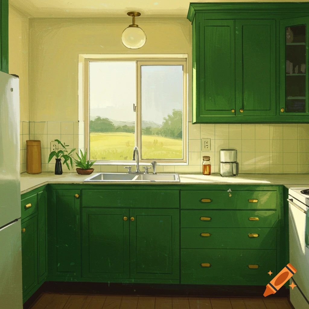 A green kitchen with a window overlooking a field.