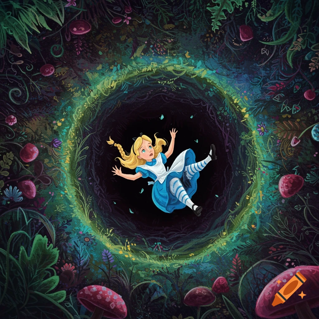 Illustration of Alice from Alice in Wonderland falling down a rabbit hole surrounded by colorful plants.