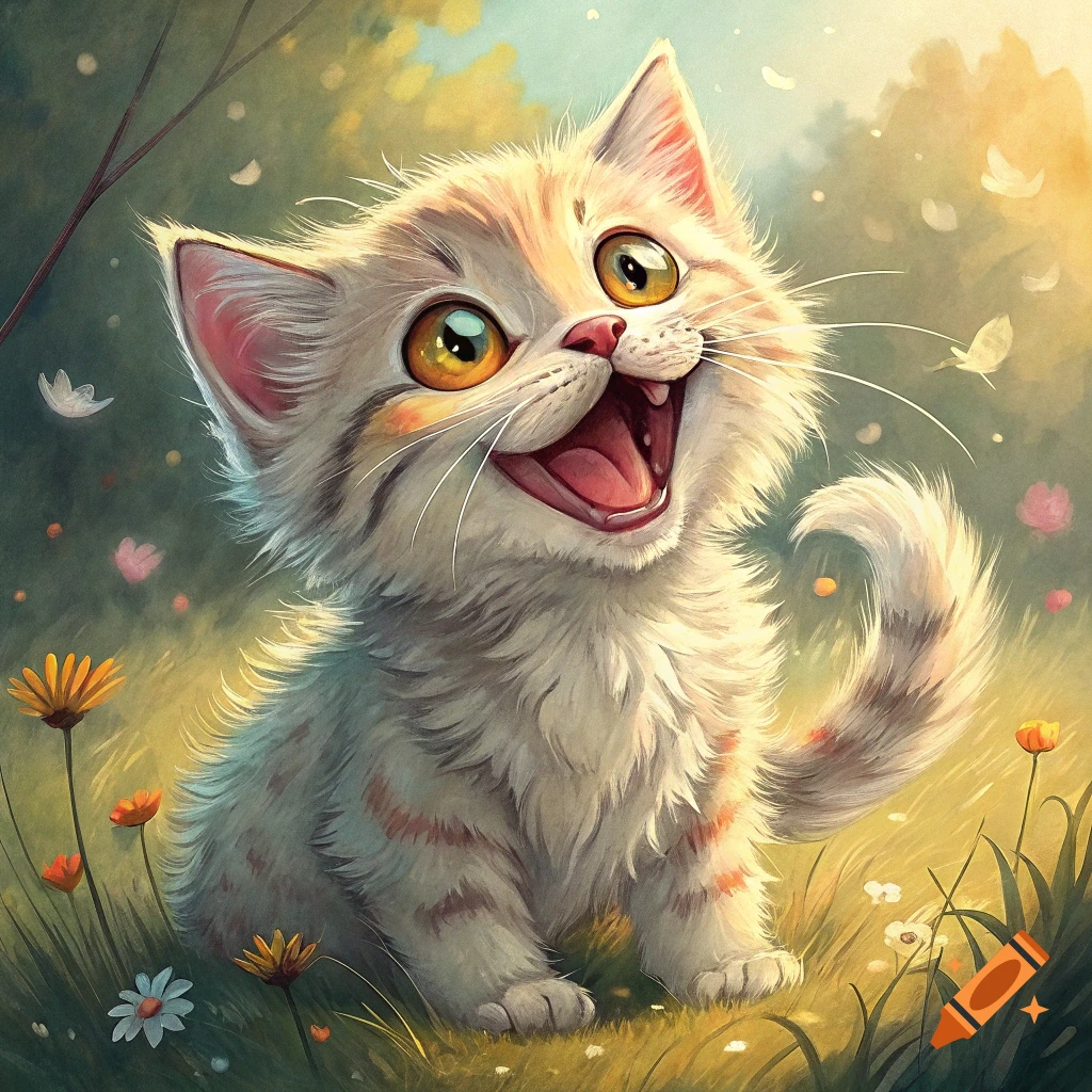 A cheerful cartoon cat with wide eyes smiles in a field of flowers and grass, painterly style.