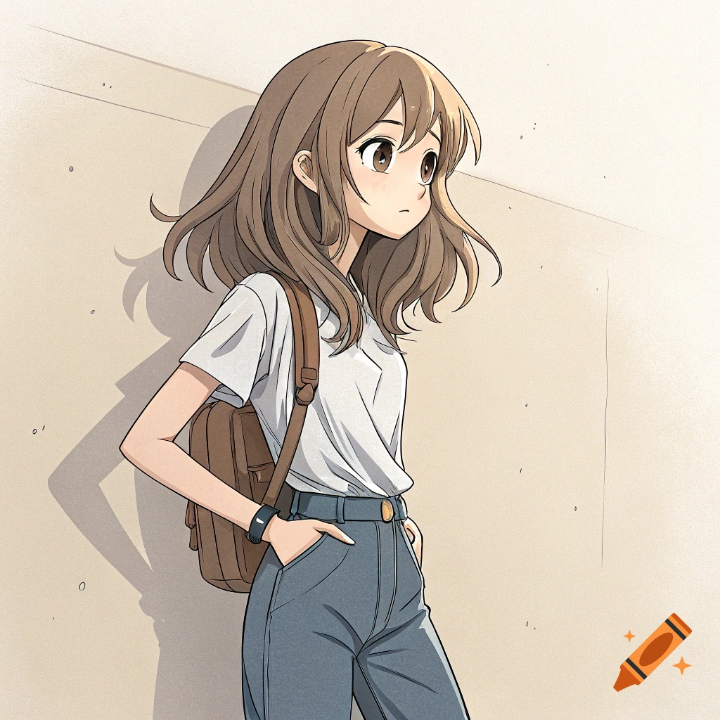 Anime girl with brown hair and backpack, standing against a wall.