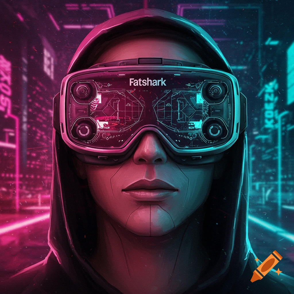 A person in a hood wears Fatshark VR goggles in a neon cyberpunk city.