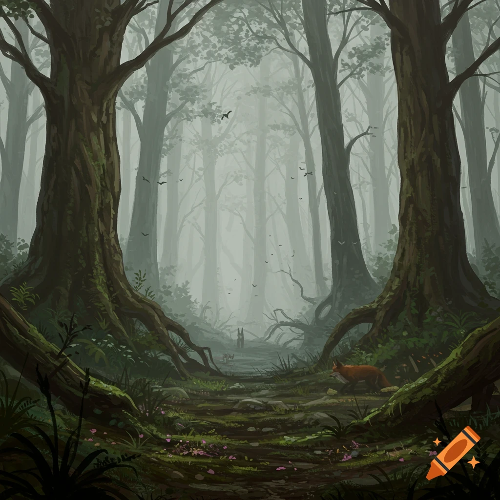 A foggy forest path with large trees, a fox, and rabbits.
