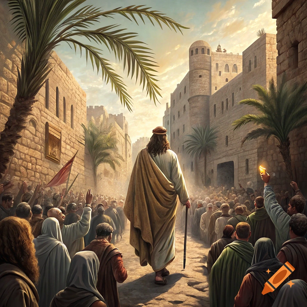 Figure resembling Jesus enters a city gate from behind, followed by a crowd of people in a historical setting.