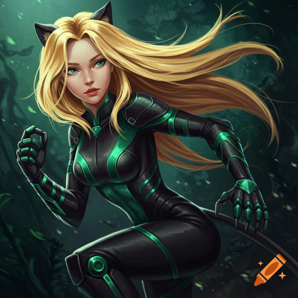 A woman in a black and green battle cat suit with cat ears and tail in a forest.