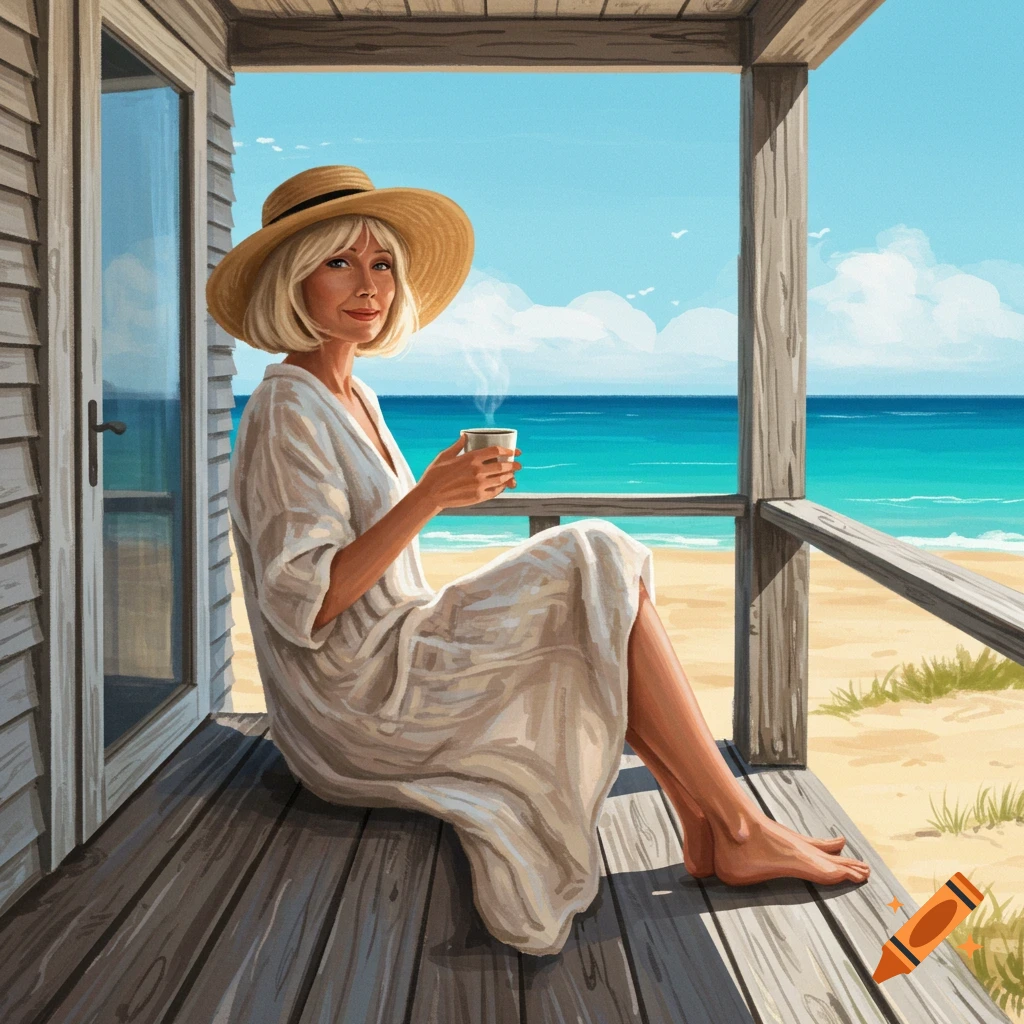 A woman in a hat holding coffee on a beach house porch.