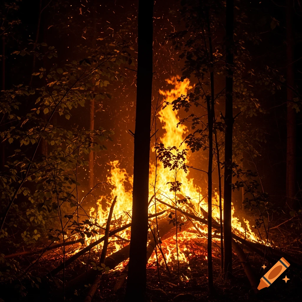 A large fire burns among trees in a dark forest at night, sparks flying.