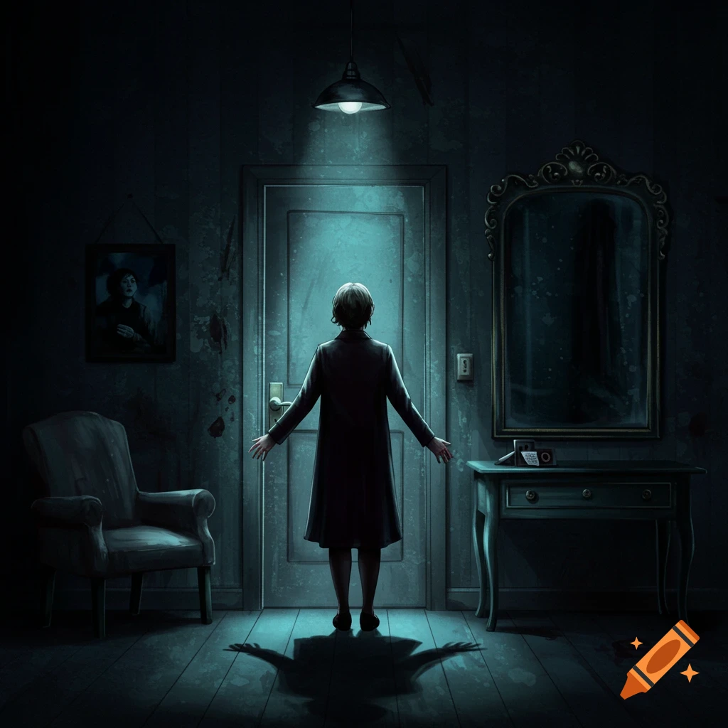 Person standing in dark room facing glowing door with arms spread, chair, mirror, painting