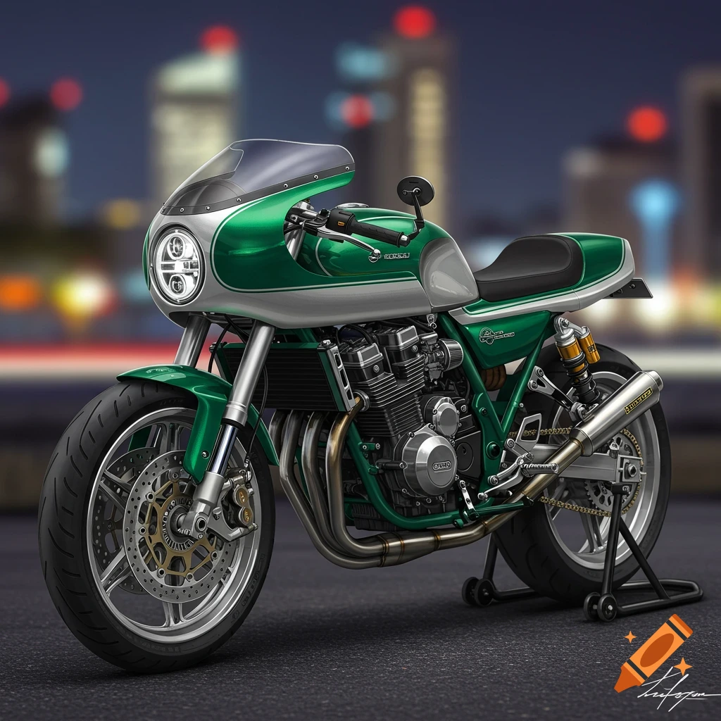 A green and silver cafe racer motorcycle is parked on asphalt