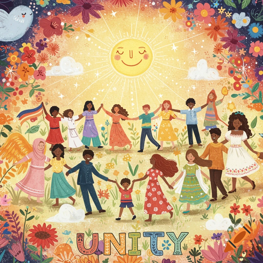 Whimsical illustration of diverse people holding hands among flowers under a smiling sun with the word UNITY.