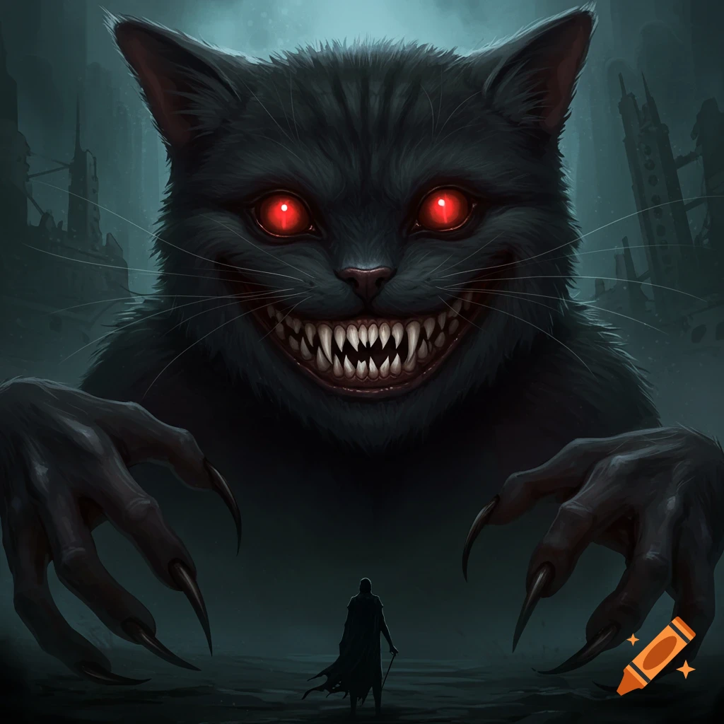 A giant black cat monster with red eyes and sharp teeth, its claws reaching out, as a small person stands below in dark ruins.