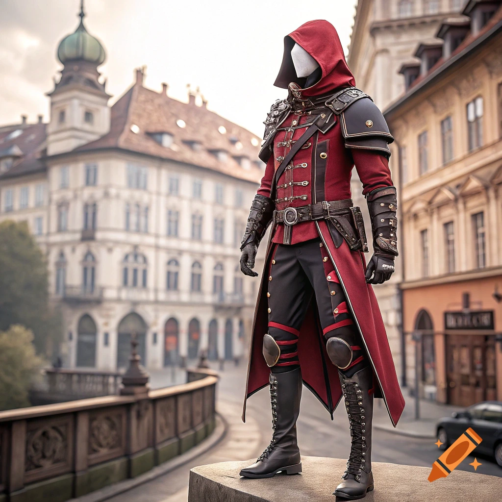 A figure in a red and black fantasy costume stands on a stone ledge in a city street.
