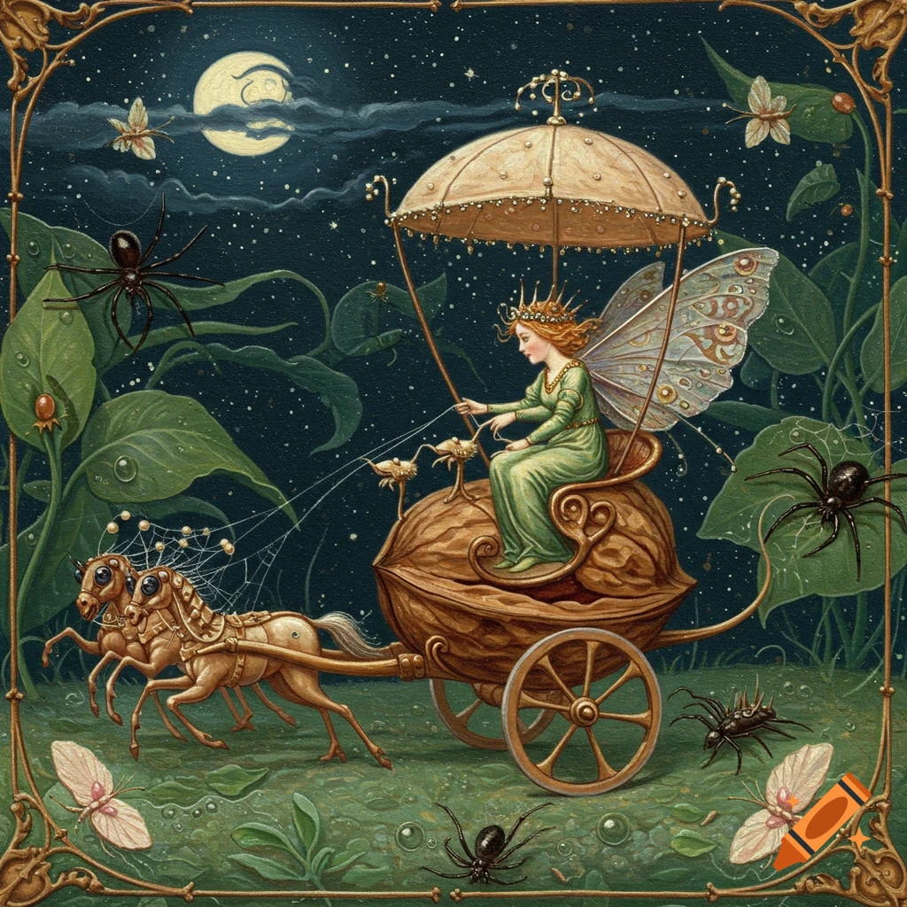 Fairy in a nutshell chariot pulled by horses through a nighttime garden with spiders and moths, illustration.