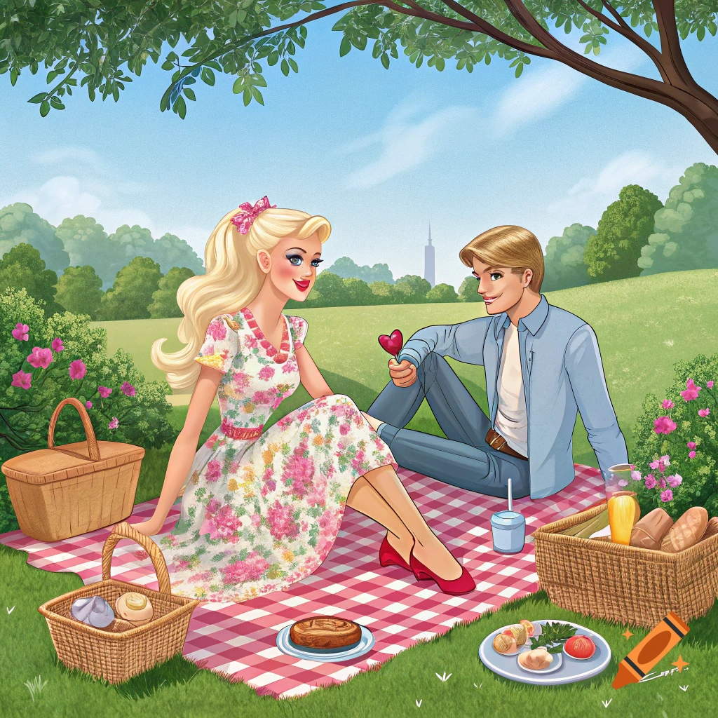 Illustration of Barbie and Ken having a picnic in a park.
